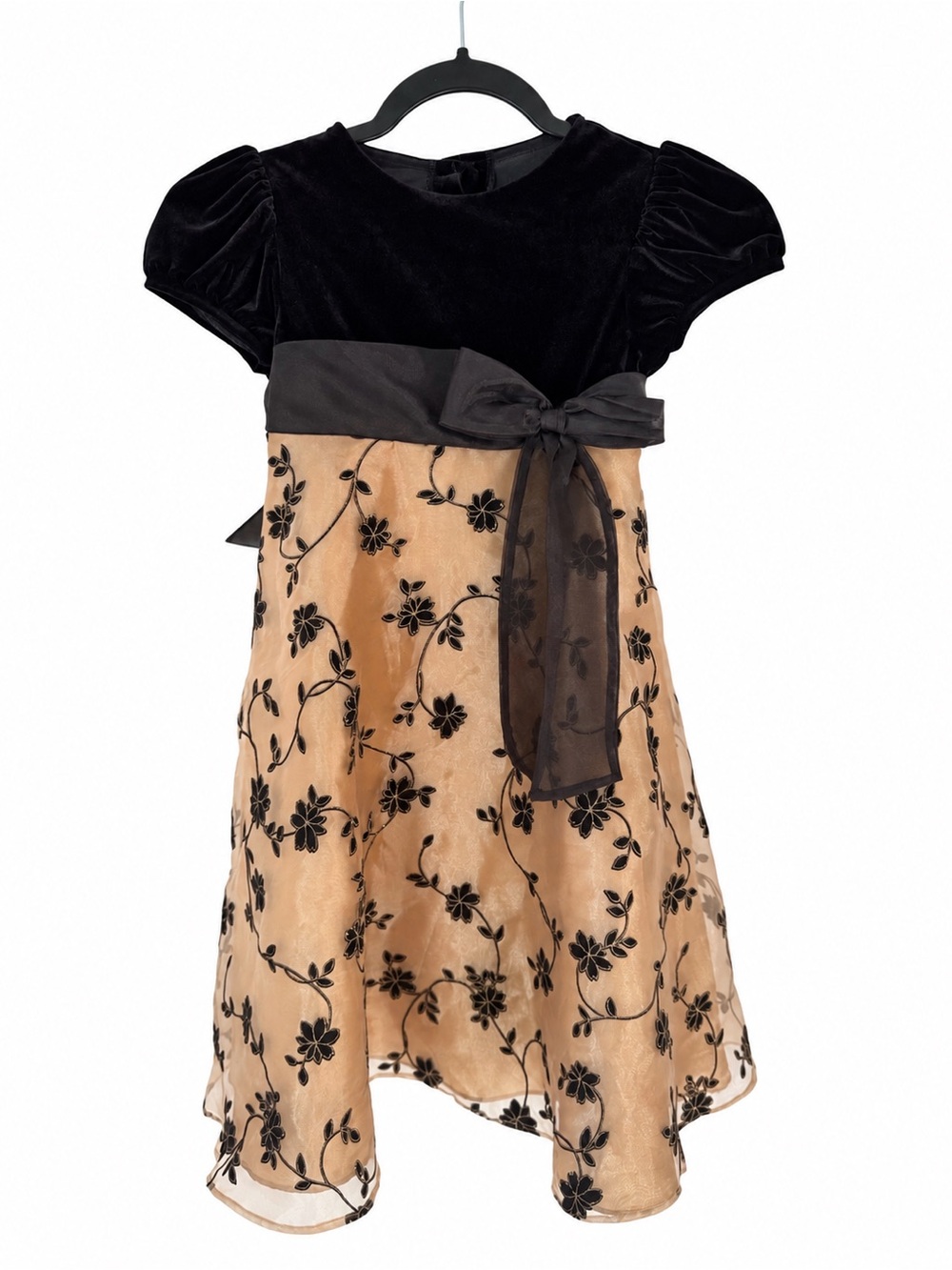 Rare Editions Girls Black Velvet Gold Floral Embroidery Holiday Princess Dress 5